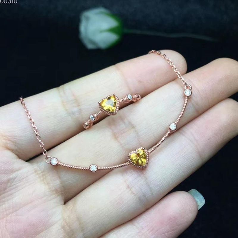 925 Sterling Silver Heart Citrine Pendent Necklace, Ring, Jewelry Set Natural Gemstone 5 x 5 mm