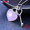 925 Sterling Silver Heart Necklace Woman Charm 18 Inches Silver Box Chain AAA Crystal Key Pendant Necklace Fashion Jewelry