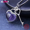 925 Sterling Silver Heart Necklace Woman Charm 18 Inches Silver Box Chain AAA Crystal Key Pendant Necklace Fashion Jewelry