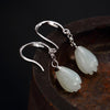 925 Sterling Silver Hetian Natural Jade Pendant Earrings Engraved Flower Buds Vintage Elegant Hook Dangle Earrings For Women