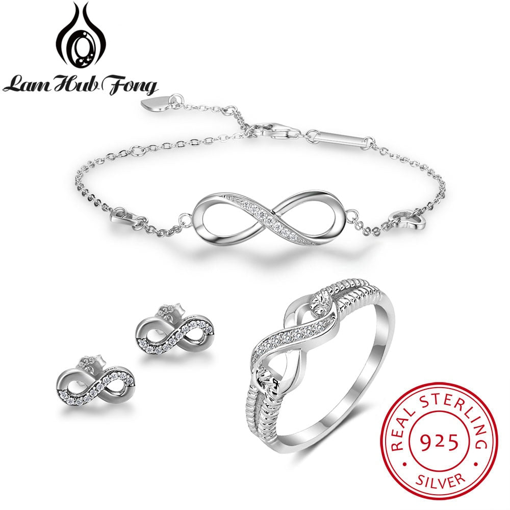 925 Sterling Silver Infinity Love Fine Jewelry Sets Women Zirconia Ring Bracelets Earrings Bridal Jewelry Set (Lam Hub Fong)