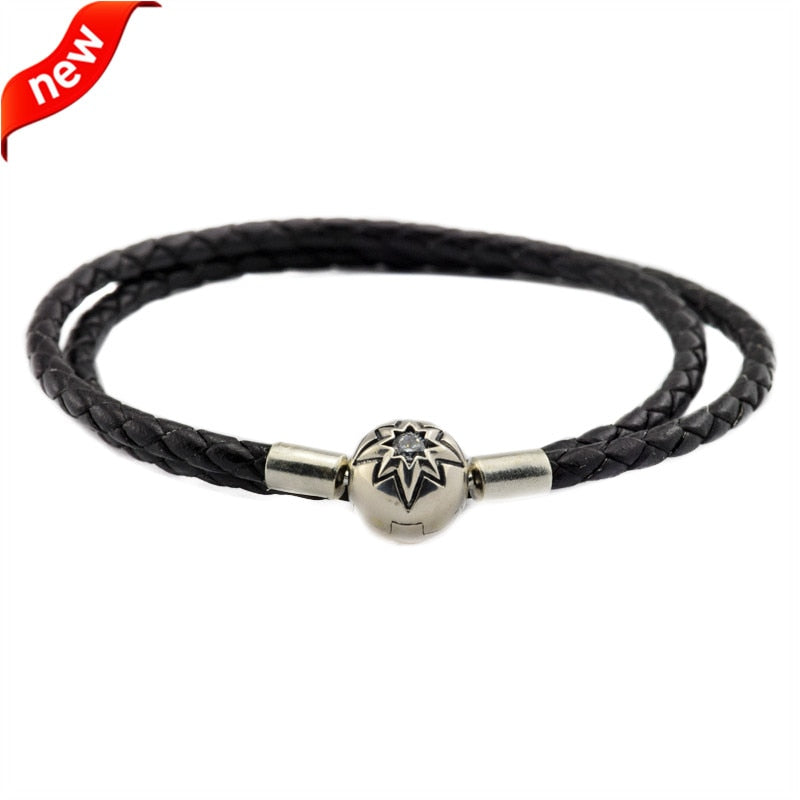 925 Sterling Silver Jewelry Black Leather Bracelets with Starry Sky Clasp Fashion Bracelets for Women DIY Charms Jewelry Making