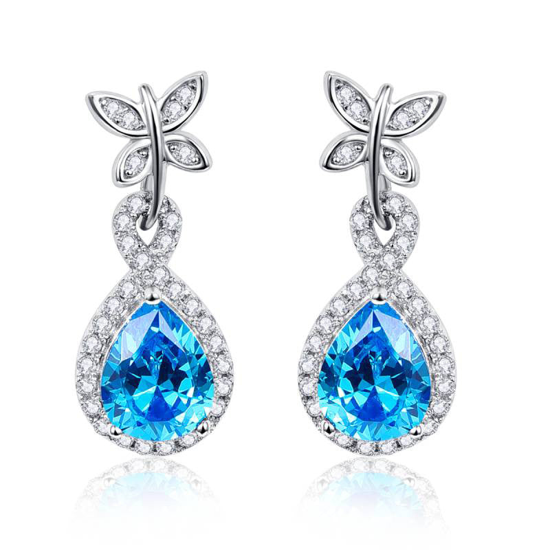 925 Sterling Silver Jewelry Butterfly Decoration 5.5Ct Pear Cut Blue Topaz Drop Earring For Women Free Jewelry Box