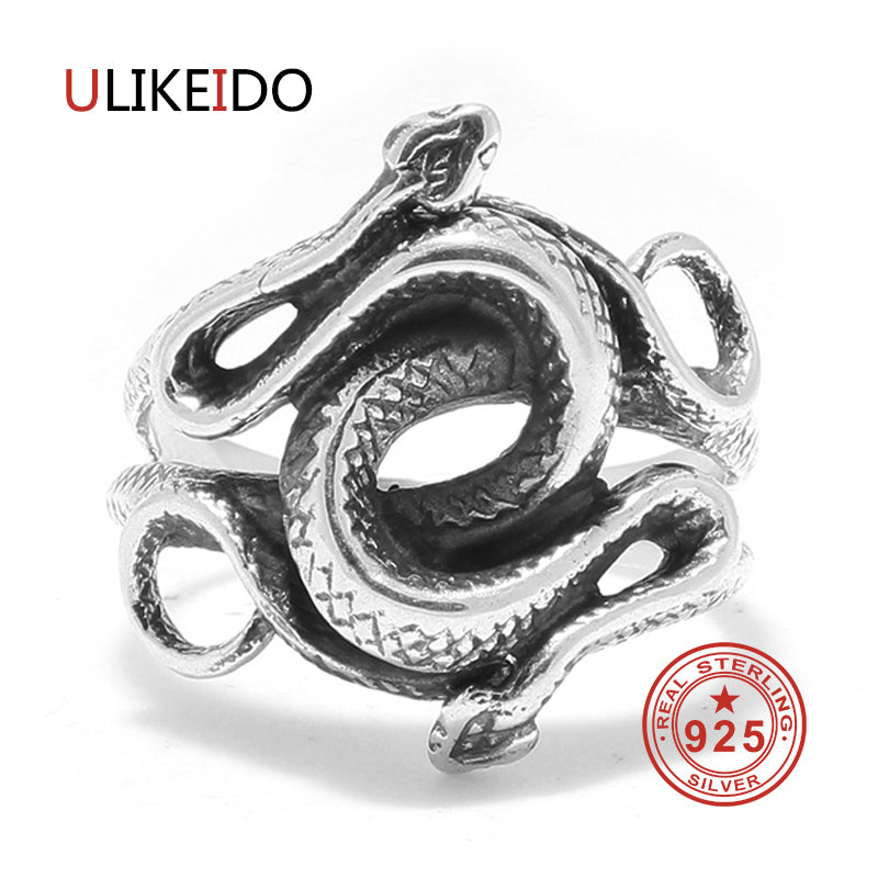 925 Sterling Silver Jewelry Mens Signet Rings Natural Born Killers Mickey Double Head Snake Ring Retro Fashion Hot Sale 0039