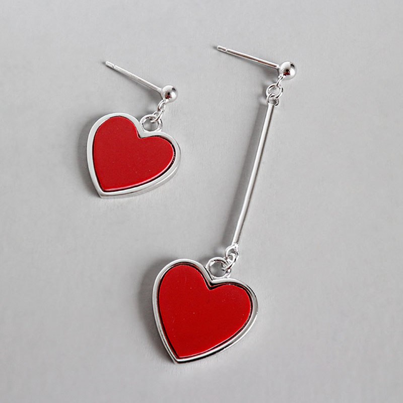 925 Sterling Silver Jewelry Red Heart-shaped Asymmetric Earrings for Women