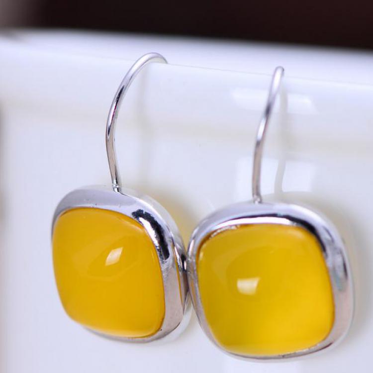 925 Sterling Silver Jewelry Yellow Chalcedony Earrings Natural Stone Square Shaped Simple Earrings For Women Fine Jewelry