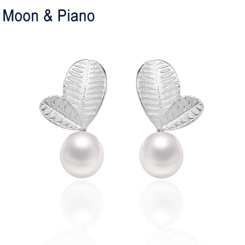 925 Sterling Silver Leaves Natural Real Pearl Stud Earrings For Women Classic Birthd Gift Elegant Fine Jewelry