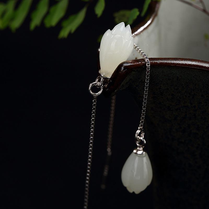 925 Sterling Silver Long Ear Line Drop Earrings For Women Natural Stone White Jade Inlaid Elegant Lady Earrings Fine Jewelry