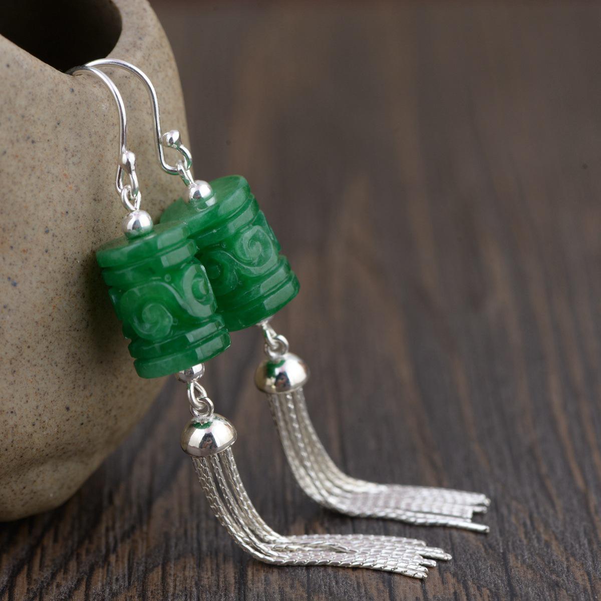 925 Sterling Silver Long Tassel Drop Earrings With Hook For Women Natural Green Jade Cylinder Shaped Flower Engraved