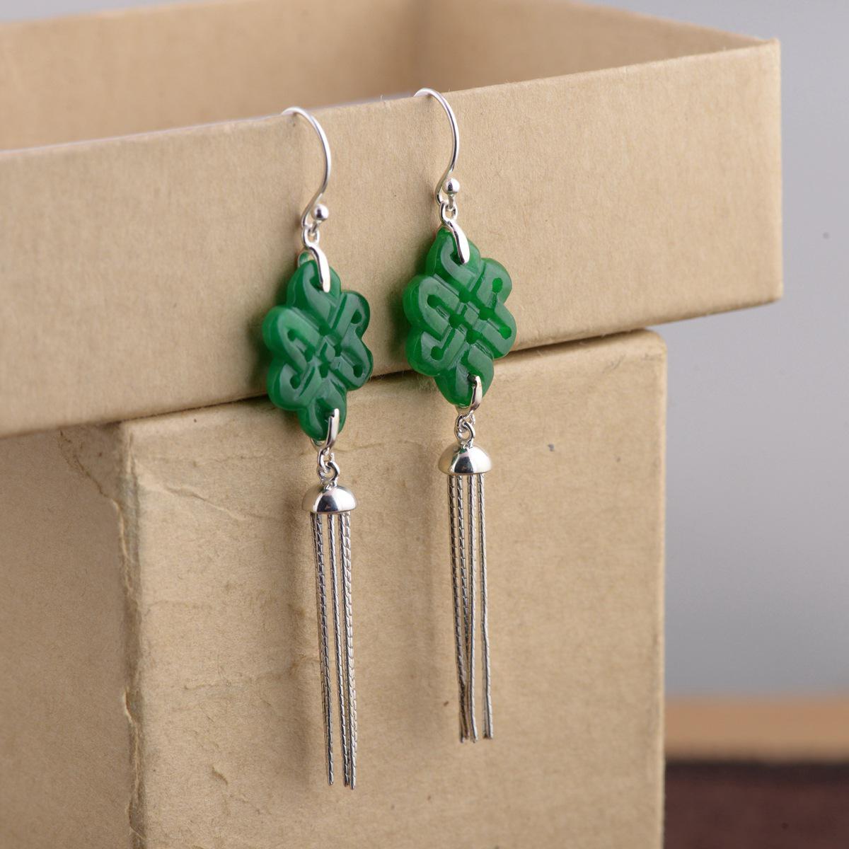 925 Sterling Silver Long Tassel Earrings Drop Beautiful Natural Green Jade Earrings For Women Chinese Knotting Design