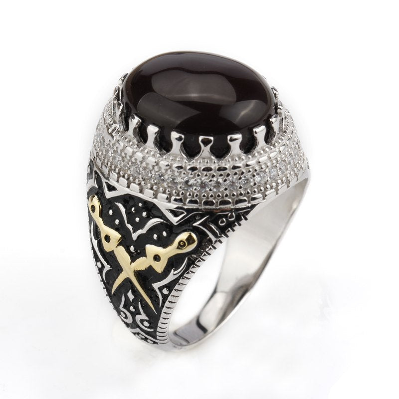 925 Sterling Silver Men Ring Dark Brown Agate Stone with Clear CZ Double Kill Finger Ring for Men Street Fashion Jewelry
