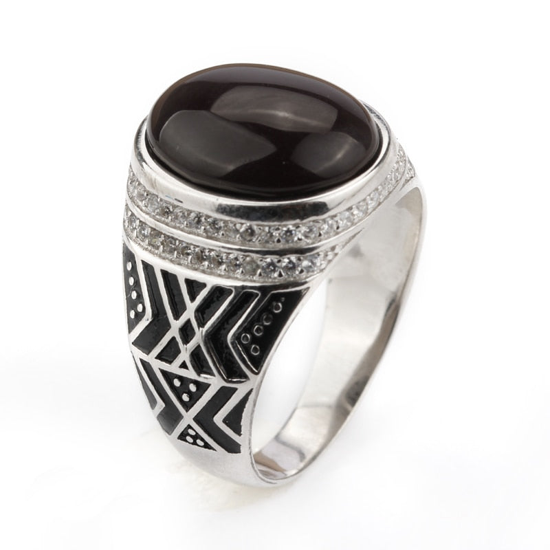 925 Sterling Silver Men Ring Dark Brown Agate Stone with Clear CZ Men Punk Finger Ring Fine Jewelry