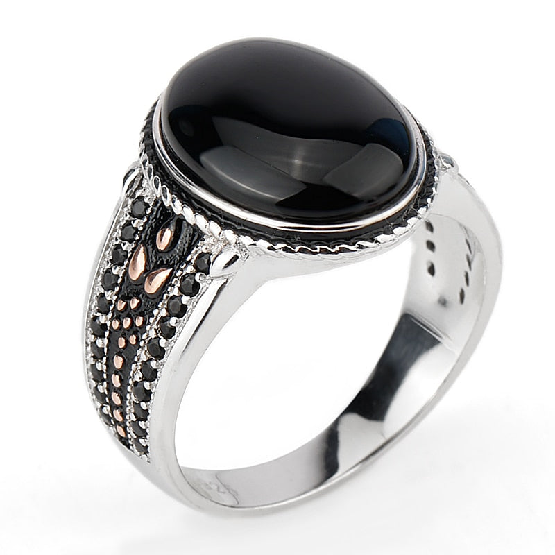 925 Sterling Silver Men Ring Oval Black Agate Stone Pave Setting Black Zircon Punk Ring for Men Wedding Party Fine Jewelry
