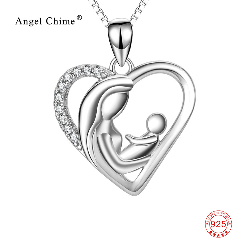 925 Sterling Silver Mother & Child Love Heart Pendants Necklaces Fine Jewelry For Women Mother's D Gift