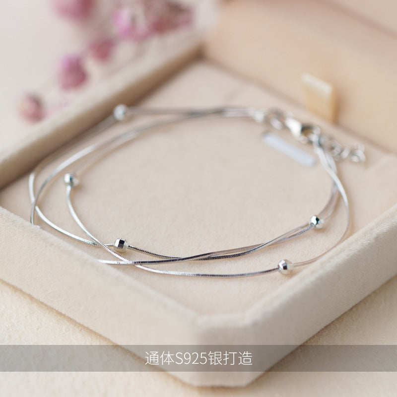 925 Sterling Silver Multi layers /3ROWS &Lucky ball Beads Snake Bone chain bracelet Fine Jewelry adjustable LS125