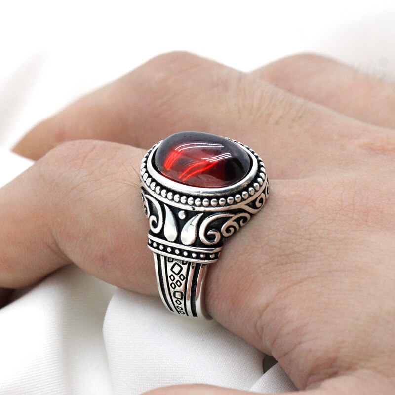 925 Sterling Silver Natural Garnet Ring for Men with Red Stone Finger Ring Vintage Carved Design Jewelry for Male Women Gift