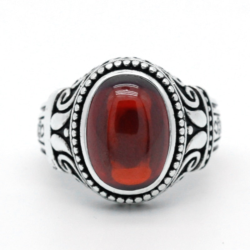 925 Sterling Silver Natural Garnet Ring for Men with Red Stone Finger Ring Vintage Carved Design Jewelry for Male Women Gift