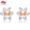 925 Sterling Silver Natural Pink Pearl Stud Earrings For Women Fine Jewelry 6-7mm Pearl Earring Petals Shell Carvings