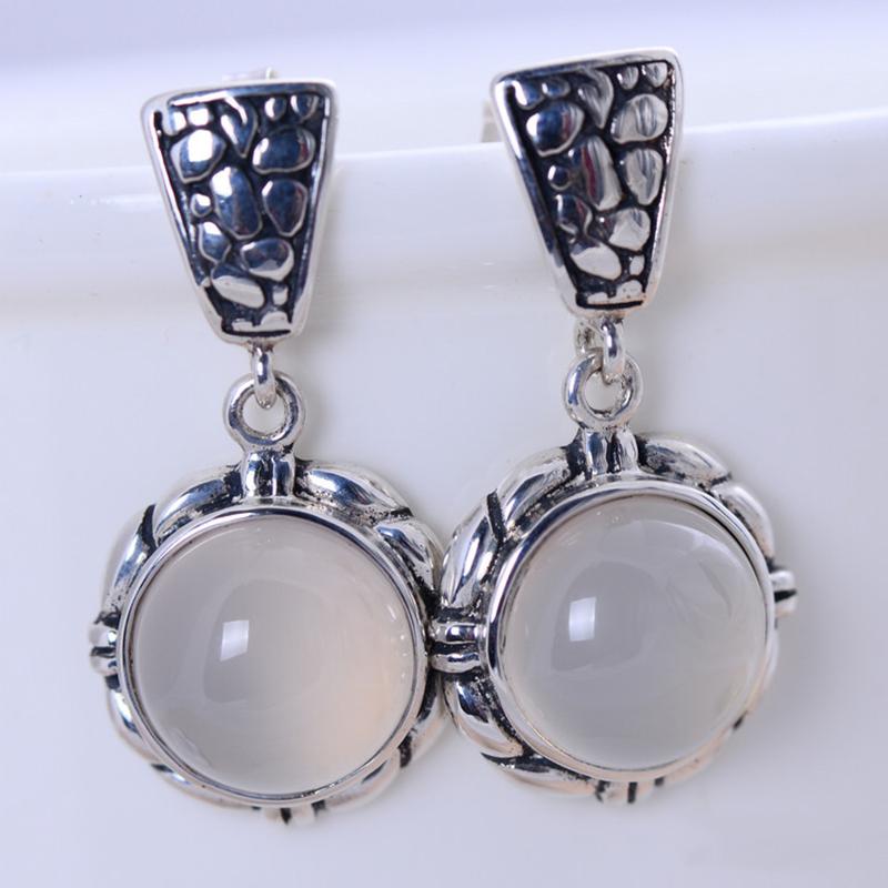 925 Sterling Silver Natural White Chalcedony Drop Earrings For Women Vintage Design Boucle D Oreille Femme