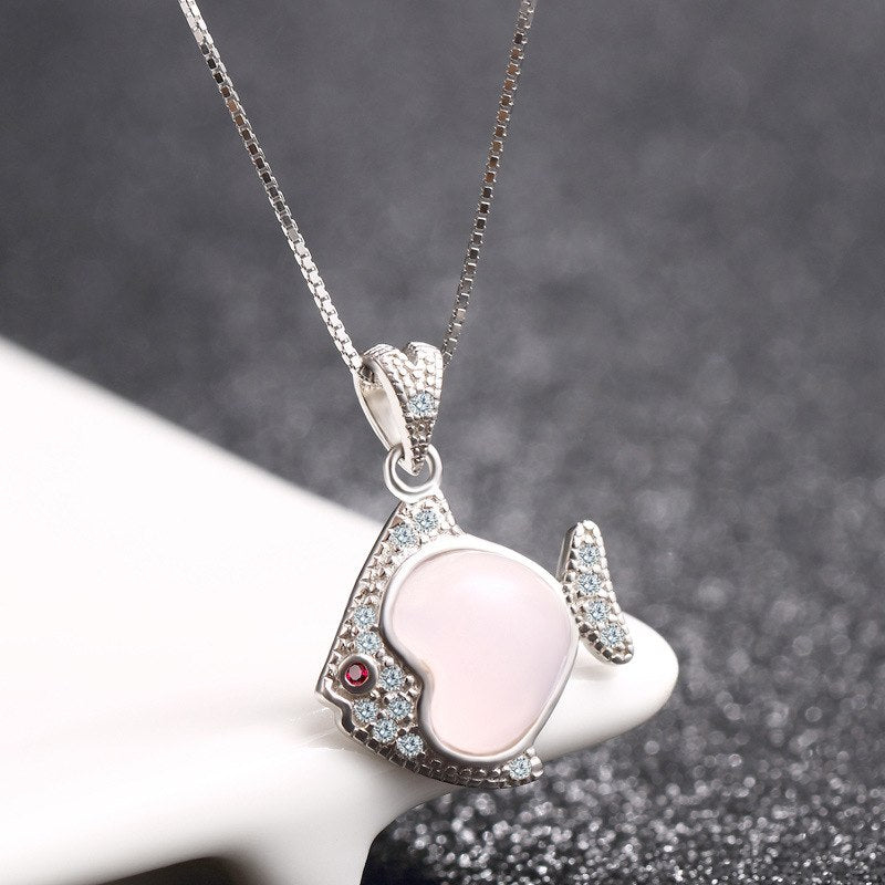 925 Sterling Silver Necklace Austrian Crystal Zircon Cute Fish Pendant Silver Necklace Charm Jewelry For Women