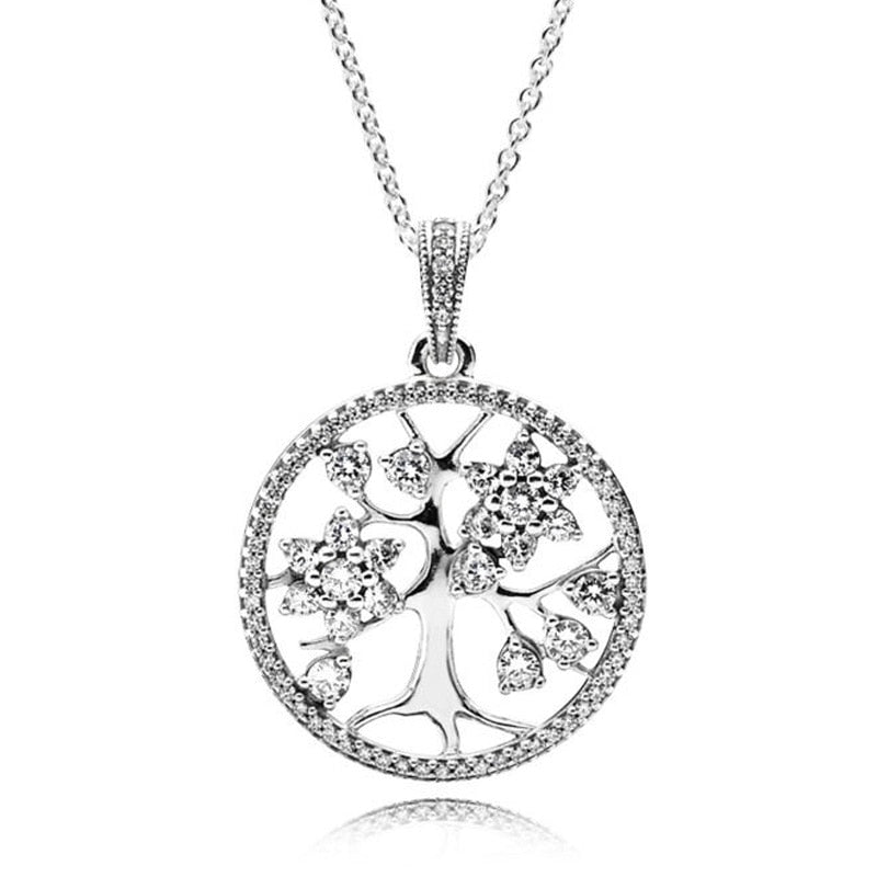 925 Sterling Silver Necklace Family Tree With Clear Cubic Zirconia Pendant Necklaces For Women Wedding Gift Fine Pandora Jewelry