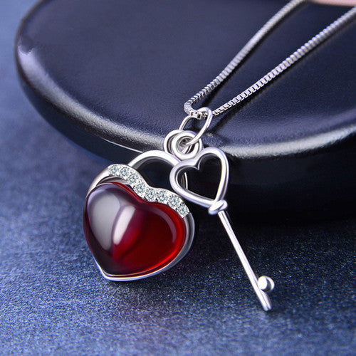 925 Sterling Silver Necklace Heart Key With Small Key Pendant Necklace AAA Crystal Zircon Charm Jewelry For Woman