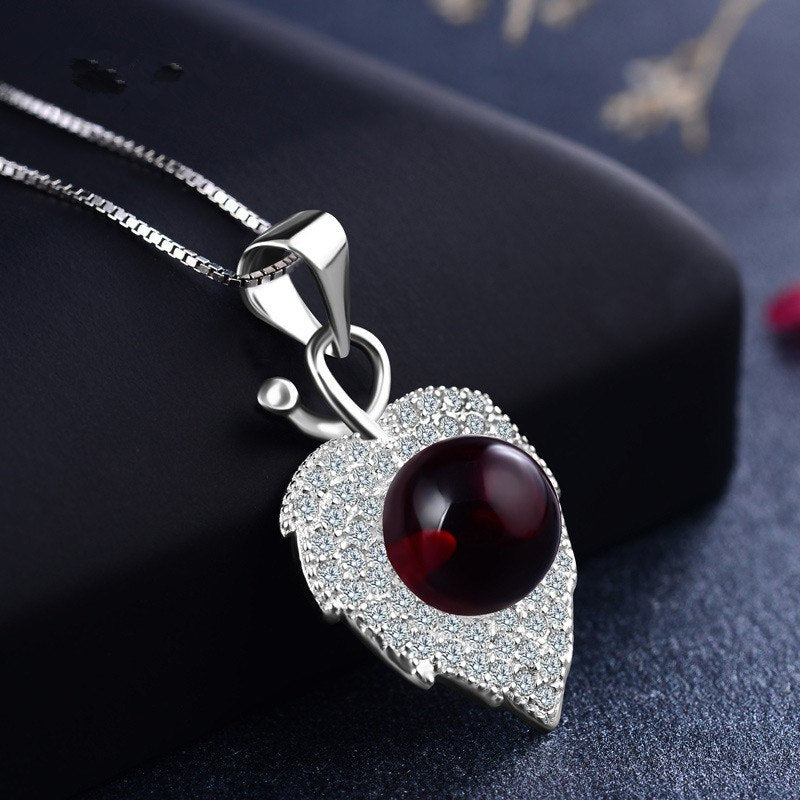 925 Sterling Silver Necklace Simple Leaves Heart Gemstone Pendant Necklace Boutique Jewelry For The Woman