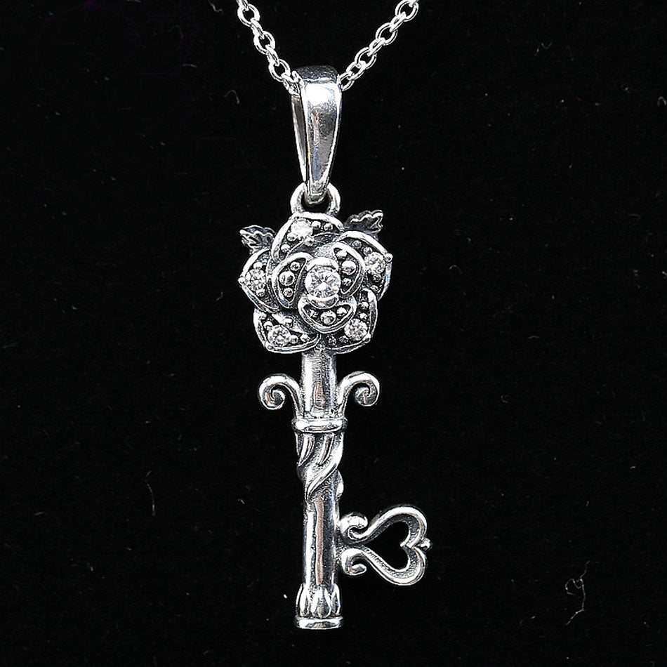925 Sterling Silver Necklace Vintage Rose Key With Clear Cubic Zirconia Pendant Necklaces For Women Wedding Gift Fine Jewelry