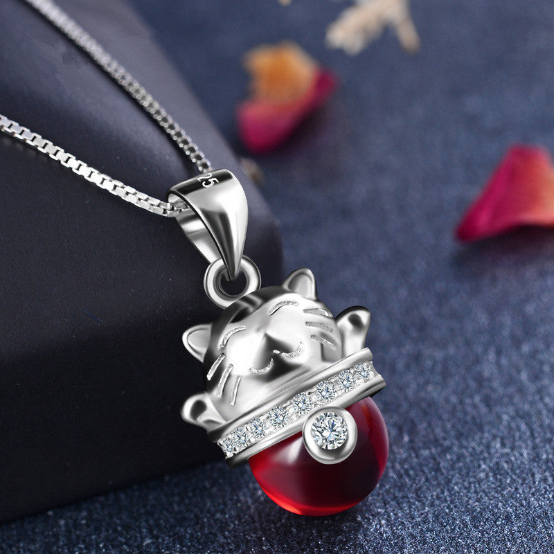925 Sterling Silver Necklace Woman Lucky kitten Crystal Pendant Necklace Silver Chain Charm Jewelry