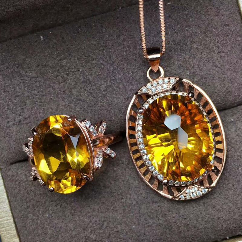 925 Sterling Silver Oval Citrine Pendent Necklace, Ring, Jewelry Set Created Gemstone 12 x 16 mm