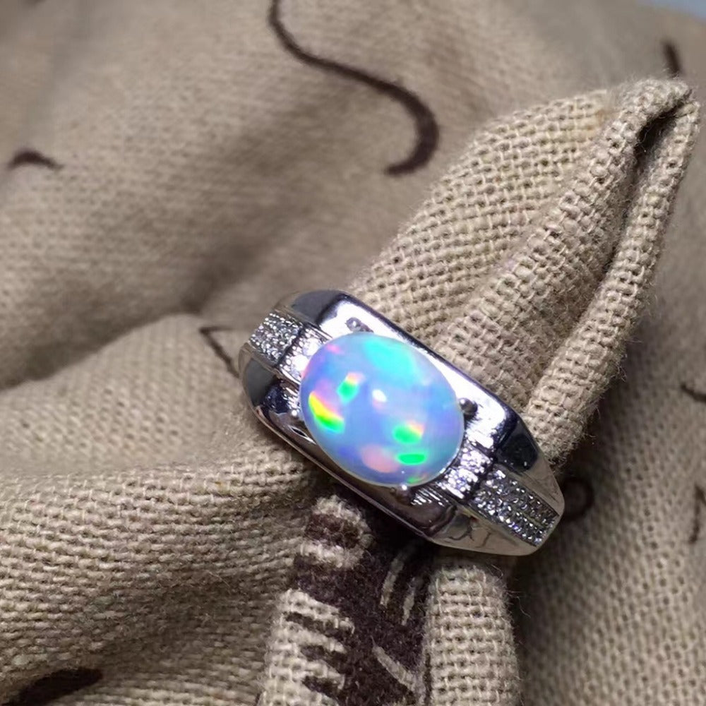 925 Sterling Silver Oval Opal Ring for Anniversary Purple Natural Gemstone 7*9 mm