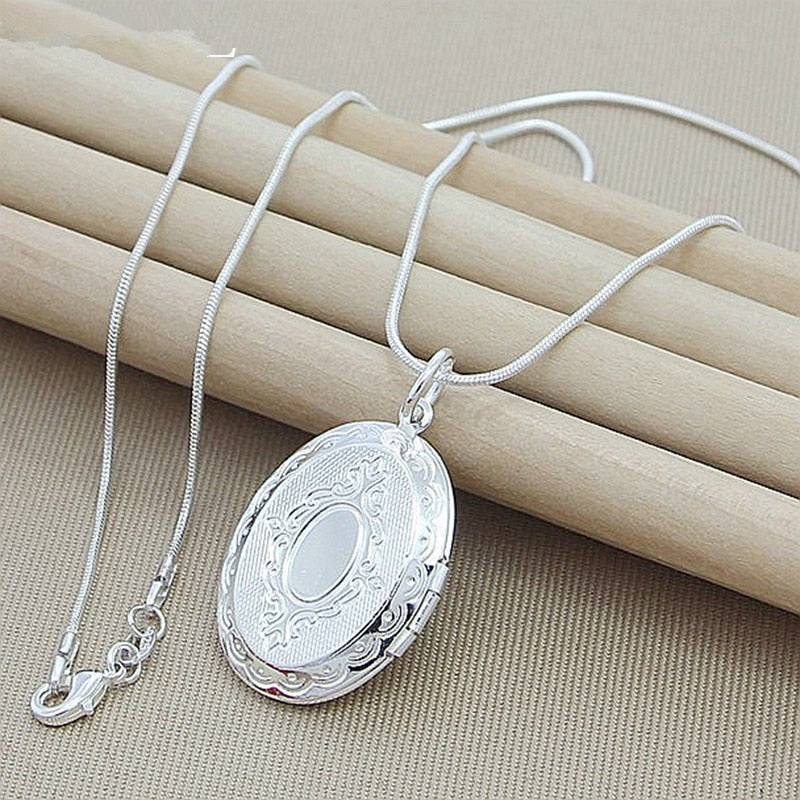 925 Sterling Silver Oval Round Photo Frame Pendant Necklace 18/20/22/24 Inch Snake Chain For Woman Man Wedding Jewelry