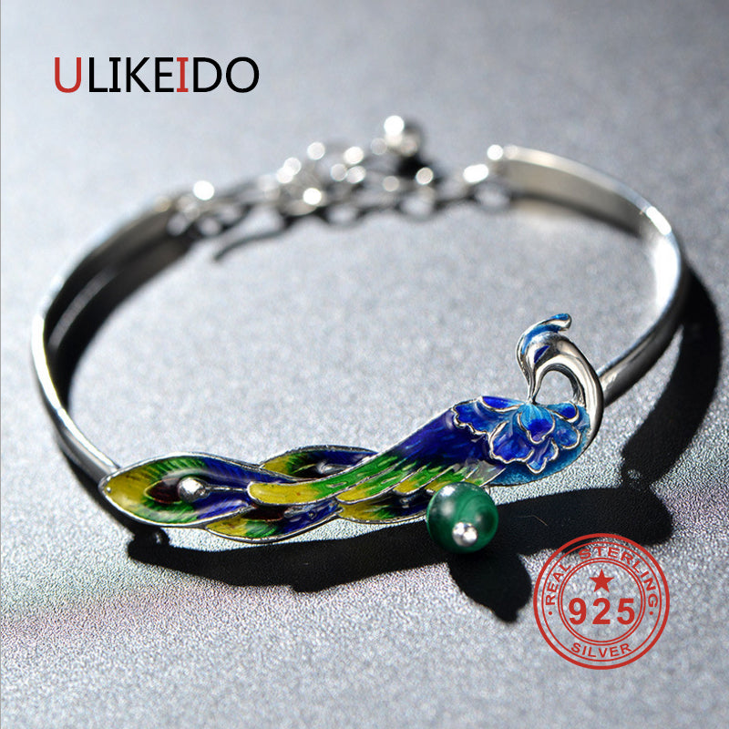 925 Sterling Silver Peacock Bracelets Ethnic Hand Chain For Women Jewelry Charm Bracelets P2001