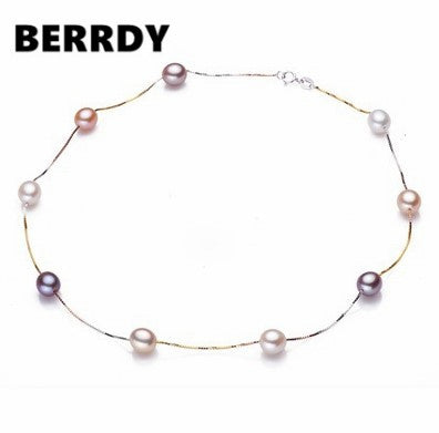 925 Sterling Silver Pearl Necklace, 8-9mm Big Size Natural Pearl Jewellery for Charm Lady