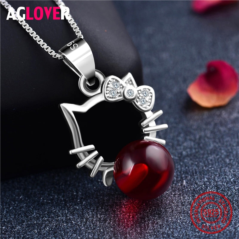 925 Sterling Silver Pendant Necklace Simple Cute Cat Red Crystal Box Chain Women Necklace Jewelry