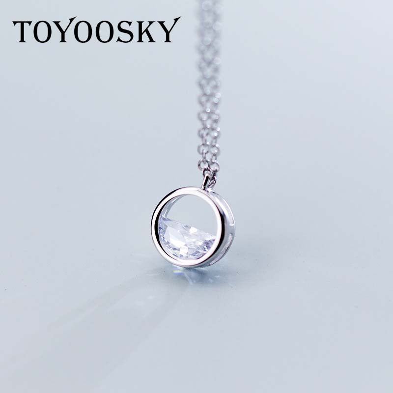 925 Sterling Silver Pendant Necklace Women Simple Hollowing Round Crystal Necklace Temperament Clear Chain Necklace Jewelry