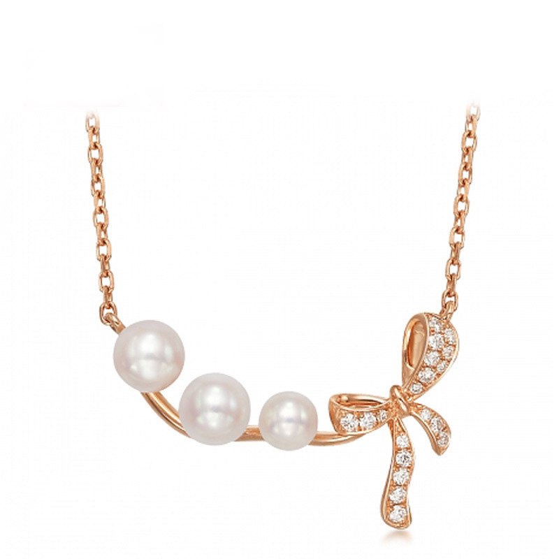 925 Sterling Silver Pendant Necklace with 3 Pearl Bowknot Shape Rose Gold Chains For Women HN028