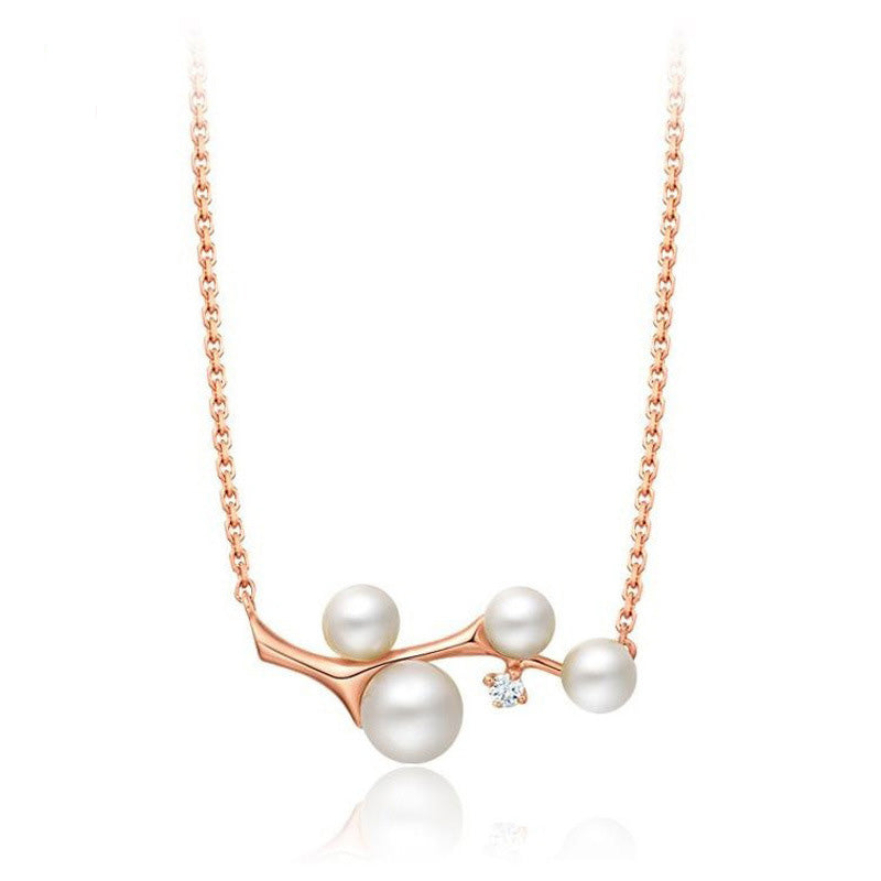 925 Sterling Silver Pendant Necklace with Pearl Branches Rose Gold Chains For Women HN027