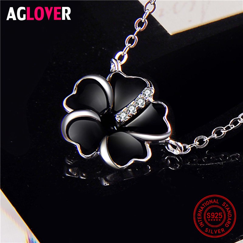 925 Sterling Silver Pink/Black Rose Flower Necklaces Pendants For Women Wedding 48cm Chain Silver Fashion Jewelry Bijoux