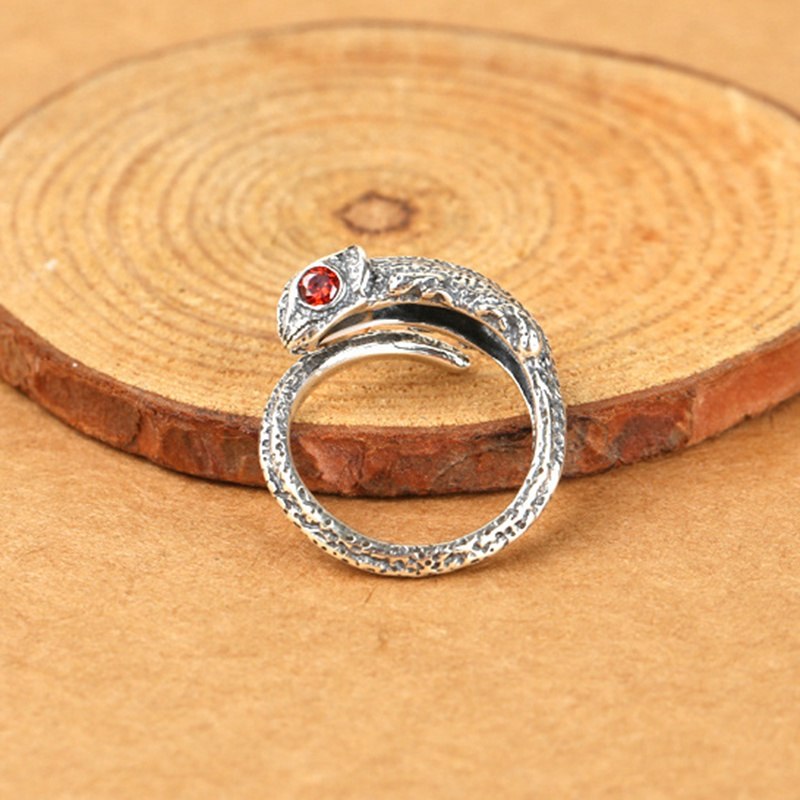 925 Sterling Silver Retro Chameleon Garnet Open Ring Women Thai Silver Couple Gift Adjustable Tail Finger Ring ZY259