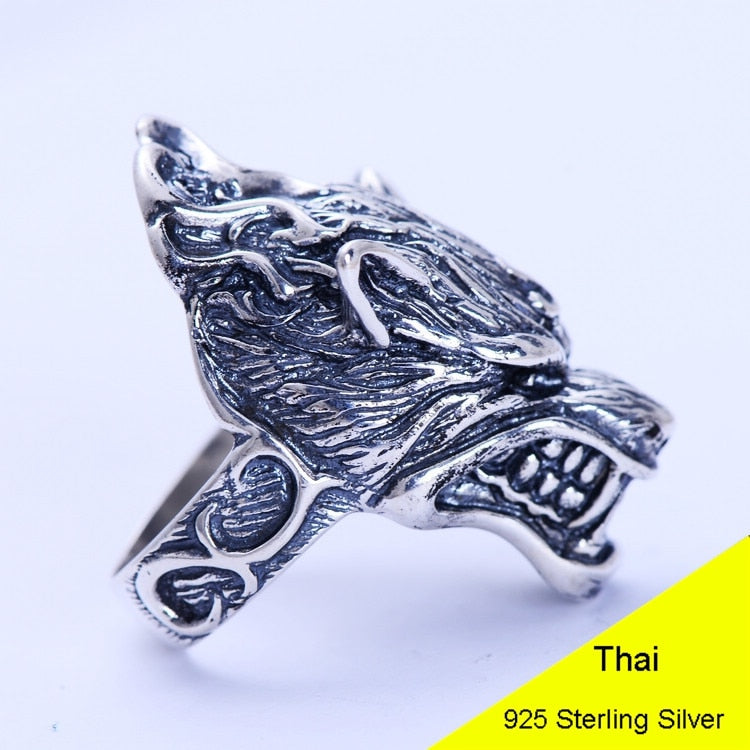 925 Sterling Silver Retro Men Male Animal Wolf Ring Thai Silver Fine Jewelry Gift Finger Ring CH033485