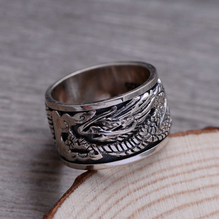 925 Sterling Silver Retro Men Male China Dragon Ring Thai Silver Fine Jewelry Gift Wide Lucky Finger Ring CH040573