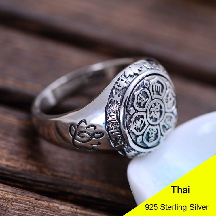925 Sterling Silver Retro Men Male Ring Thai Silver Fine Jewelry Gift Buddhism Om Mani Padme Hum Finger Ring CH054015