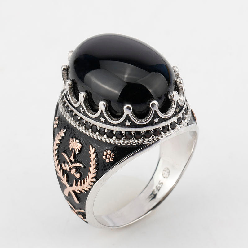 925 Sterling Silver Ring Crown Bezel Setting Oval Black Agate Stone with Rose Gold Grass for Men Party Fine Jewelry