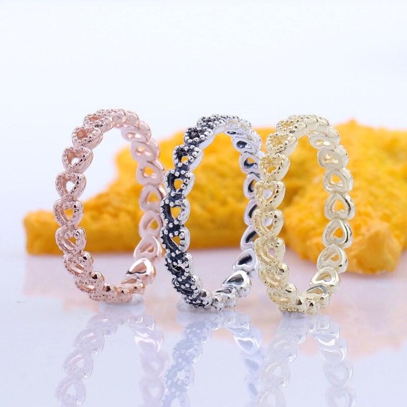 925 Sterling Silver Ring Openwork Vintage Linked Love Heart Rings For Women Wedding Party Gift  Jewelry
