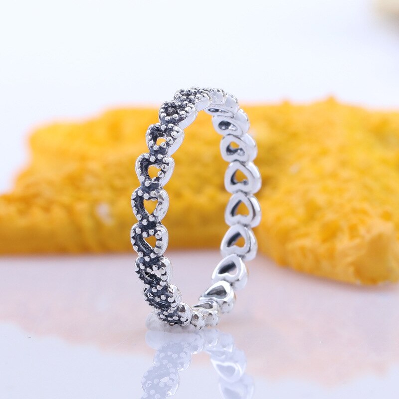 925 Sterling Silver Ring Openwork Vintage Linked Love Heart Rings For Women Wedding Party Gift  Jewelry