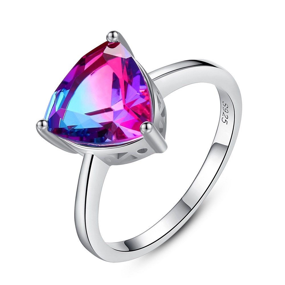 925 Sterling Silver Ring Rainbow Nature Triangle Topaz Ring Women Wedding Multi-Color AAA Silver Color Gemstone Ring Wholesale
