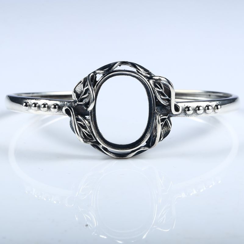 925 Sterling Silver Rose Antique Art Deco Bracelet Bangle 15x19mm Oval Cabochon Amber Agate Turquoise Gemstone Setting