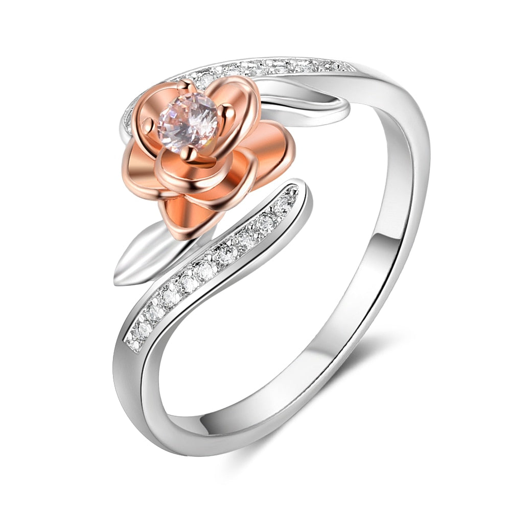 925 Sterling Silver Rose Flower Shape Rings For Women Fashion CZ Stone Rose Gold Color Rings Women Jewelry(RI103414)