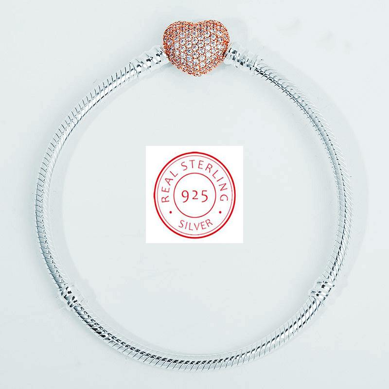 925-Sterling-Silver-Rose-Gold-Heart-Chain-Charm-Beads-Fit-Pan-Bracelet-Charm-For-Women-Authentic